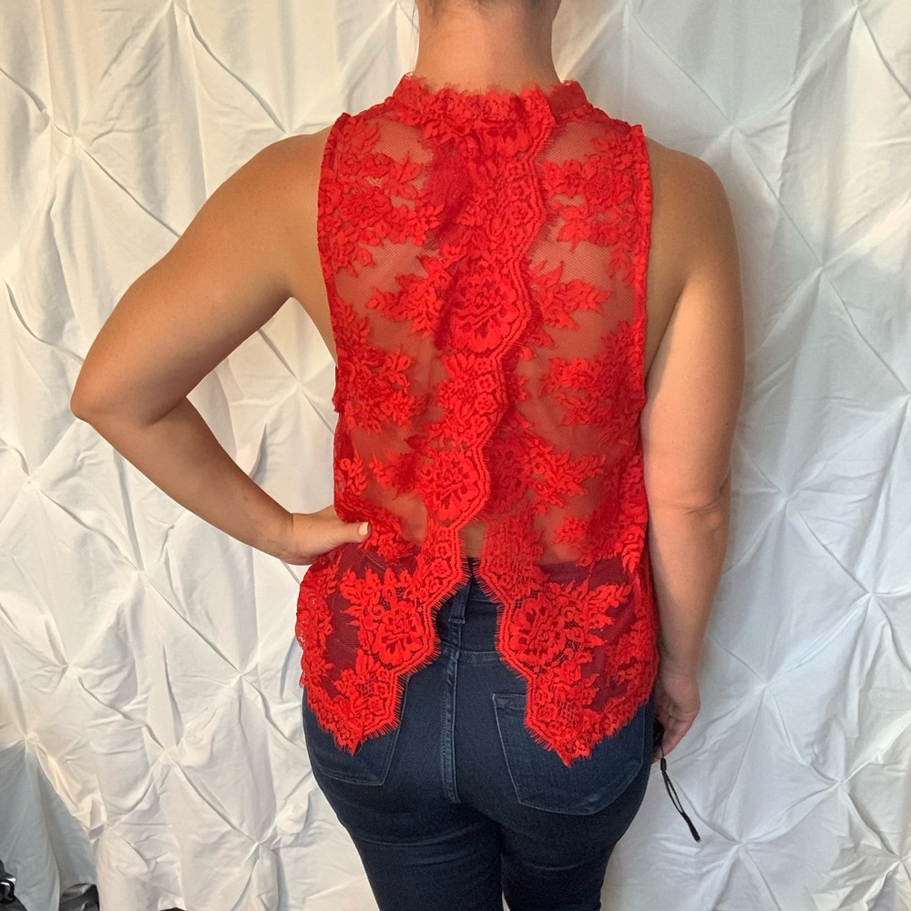 High neck, sheer lace backed Free People top